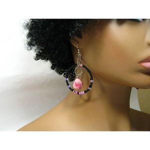 Large Hippie Boho Style Black Glass Beaded Hoop Earrings with Mother of Pearl